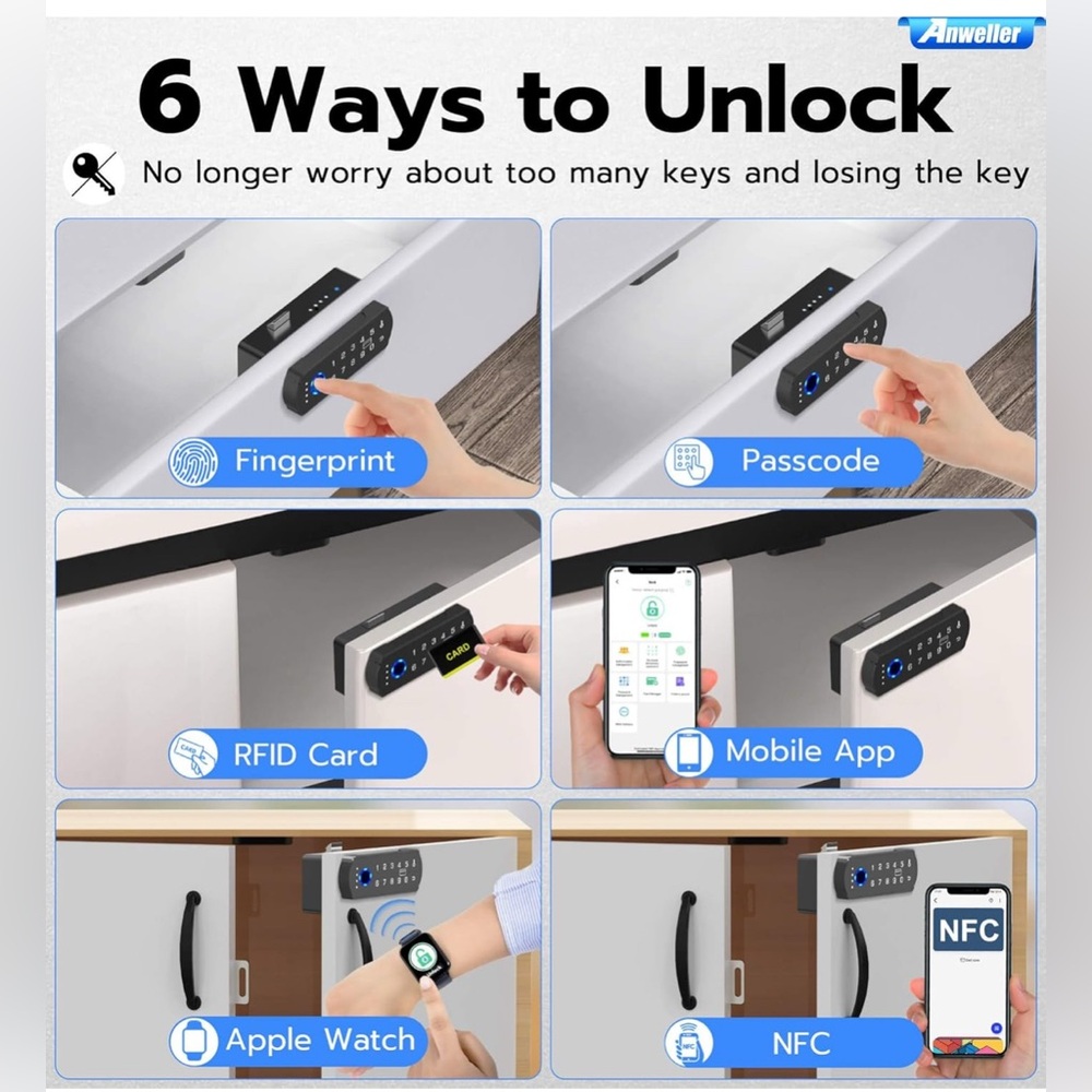 NEW - Anweller Smart Cabinet Lock | Baby Proof Fingerprint Bluetooth RFID - Picture 2 of 9